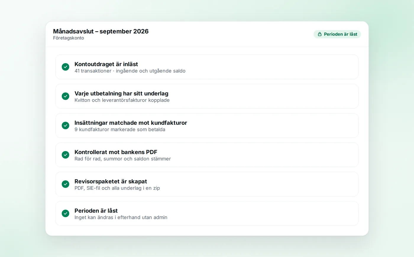 Månadsavslut i Kvittia med checklista: kontoutdrag inläst, alla utbetalningar har underlag och perioden låst