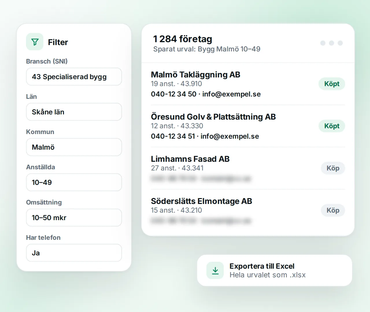 Företagslistor i Kvittia med filter på bransch, län, kommun och antal anställda och en lista med företag