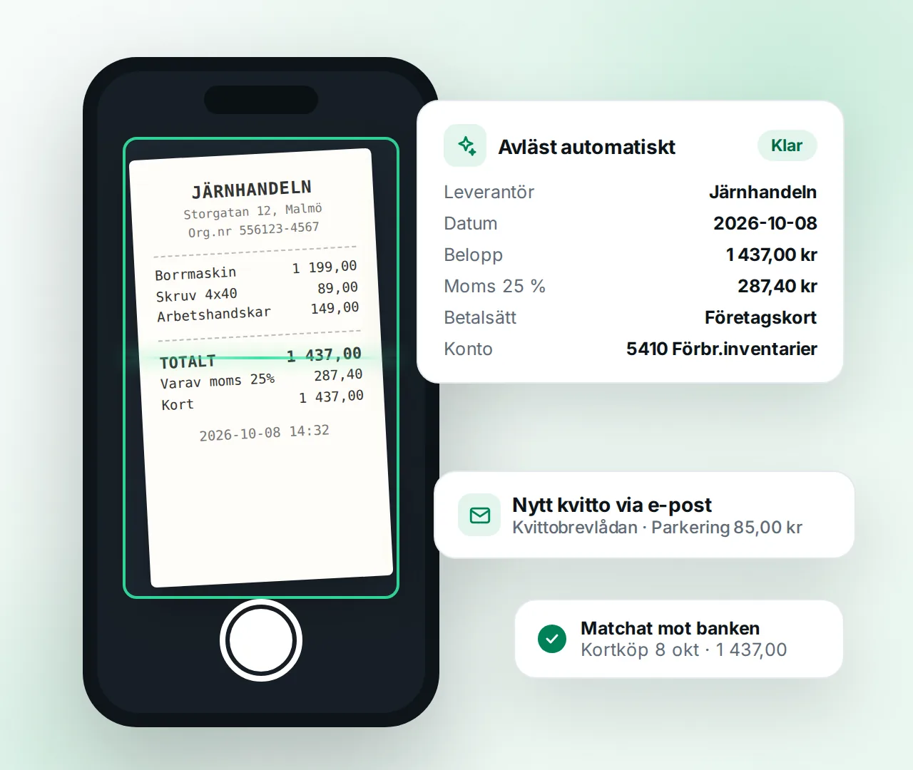 Kvittia-appen fotar ett kvitto och läser av leverantör, datum, belopp och moms automatiskt